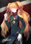  aiguillette asa_(y-asa) baton blonde_hair blue_eyes copyright_request grin hair_ornament hair_ribbon iron_cross long_hair medal military military_uniform ribbon smile solo sword twintails uniform very_long_hair weapon 