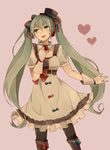  bad_id bad_pixiv_id belt boots dress ennui_heiwa_miku gloves green_eyes green_hair hair_ribbon hat hatsune_miku heart kotori_(fuwaxx) long_hair mini_hat mini_top_hat open_mouth pantyhose ribbon simple_background solo top_hat twintails very_long_hair vocaloid 