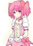  bad_id bad_pixiv_id bow choker eyebrows_visible_through_hair gloves hair_bow hair_ribbon highres kaname_madoka kirarin369 magical_girl mahou_shoujo_madoka_magica pink pink_eyes pink_hair puffy_sleeves ribbon short_hair short_sleeves short_twintails simple_background smile solo twintails white_background 