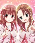  adamine_middle_school_uniform atarashi_ako blue_eyes brown_hair character_name heart long_hair long_sleeves multiple_girls neckerchief nobutake_(nobu0) okahashi_hatsuse open_mouth pink saki saki_achiga-hen school_uniform serafuku side-by-side smile standing translated two_side_up v 