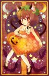  alternate_costume animal_ears bare_arms bare_shoulders bat blush bow brown_eyes brown_hair card cat_ears cat_tail chen crescent dress ear_piercing earrings floral_print halloween hat highres jack-o'-lantern jewelry looking_at_viewer multiple_tails nekomata pants pants_under_dress piercing pumpkin short_hair single_earring smile solo star strapless strapless_dress tail takamoto_akisa tattoo touhou yellow_dress 
