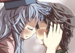  1girl blue_hair blush closed_eyes face-to-face forehead-to-forehead gaoo_(frpjx283) hat hetero kamishirasawa_keine long_hair open_mouth touhou upper_body 