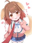  1girl absurdres ahoge animal_ears asphodelus_8 blue_overskirt blue_ribbon blue_skirt blush breasts brown_hair cardigan commentary_request dog_ears dog_tail gakuen_idolmaster hair_bun hanami_ume hatsuboshi_gakuen_school_uniform heart highres idolmaster kemonomimi_mode large_breasts leash looking_at_viewer neck_ribbon orange_hair pink_cardigan pleated_skirt pov ribbon school_uniform shirt simple_background single_side_bun skirt smile solo tail viewer_holding_leash white_background white_shirt 