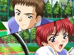  1boy 1girl brown_hair character_request doushin racket red_hair short_hair sport sports suruga_maki 