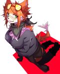  2018 anthro boots bra_straps breasts canine clothing dipstick_tail eyewear female footwear fox fur glasses green_eyes handkerchief kneeling legwear looking_at_viewer mammal multicolored_tail nipple_bulge nishiroyago orange_fur smile sweater thigh_high_boots white_fur 