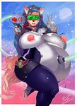 &lt;3 belly big_breasts black_nose blue_hair breasts chubby clothed clothing eyewear female fur glasses gloves gun hair heels high_heels inflation lips long_hair looking_at_viewer orange_fur overweight quickdraw ranged_weapon smile solo space thick_thighs thighs tight_clothing weapon 