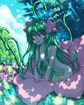  :d blue_skin collarbone flower green_eyes green_hair hair_flower hair_ornament highres kiyomin long_hair looking_at_viewer monster_girl nectar nude open_mouth original pink_eyes plant plant_girl smile solo sunlight vines 