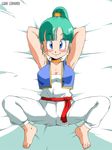  blue_eyes blush breasts bulma dragon_ball green_hair looking_at_viewer old_school_academy smile solo spread_legs vest 