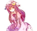  :&lt; bow capelet chagu crescent double_bun dress hair_bow hat highres long_hair looking_at_viewer patchouli_knowledge purple_eyes purple_hair solo touhou v_arms white_background 
