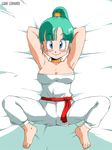  blue_eyes blush breasts bulma dragon_ball green_hair looking_at_viewer old_school_academy smile solo spread_legs 
