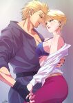  1boy 1girl absurdres belt black_belt blonde_hair blue_eyes blush bra breasts couple dougi earrings fighting_game fingerless_gloves gloves hetero highres holding_hands jewelry karate_gi king_(snk) large_breasts martial_arts_belt mma_gloves muscular muscular_male off_shoulder open_clothes open_shirt pant_suit pants partially_undressed reverse_trap ryou_sakazaki ryuuko_no_ken shirt short_hair simple_background smile strikebeagle suit the_king_of_fighters unbuttoned unbuttoned_shirt underwear 