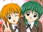  2girls doushin game_cg glasses green_hair happy komiya_haruto multiple_girls orange_hair satonaka_kei short_hair suruga_miho v 