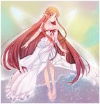  alternate_costume anklet asuna_(sao) barefoot blush breasts brown_eyes brown_hair cleavage dress ear_covers fairy_wings frills full_body highres jewelry long_hair long_legs medium_breasts pointy_ears smile solo sword_art_online titania_(sao) tusia very_long_hair wings 