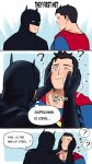  2boys ? batman batman_(series) black_cape black_hair blue_bodysuit bodysuit bruce_wayne cape clark_kent closed_mouth dc_comics english_text hands_on_another&#039;s_face highres looking_at_another male_focus mask mforest_dc multiple_boys my_adventures_with_superman one_eye_closed red_cape short_hair superman superman_(series) translation_request 
