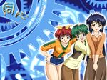  3girls blue_hair doushin glasses green_hair happy long_hair multiple_girls red_hair short_hair suruga_maki suruga_miho suruga_ryoko 