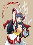  :o alternate_breast_size arm_up armpits black_hair blood blue_eyes blush body_blush bow breasts character_name cleavage fingerless_gloves gloves haganemaru_kennosuke hair_ribbon hairband large_breasts long_hair nakoruru open_mouth red_bow reverse_grip ribbon samurai_spirits simple_background solo weapon 