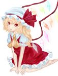  all_fours ascot bad_id bad_pixiv_id barefoot blonde_hair colored_eyelashes emone04 fangs flandre_scarlet hat hat_ribbon open_mouth red_eyes ribbon short_hair side_ponytail sketch skirt skirt_set solo touhou v_arms white_background wings 