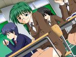  1girl classroom doushin fingering game_cg glasses green_hair komiya_haruto masturbation shirt sitting suruga_miho 