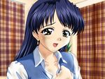  1girl blue_hair blush doushin happy long_hair solo suruga_ryoko 