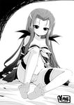  bare_shoulders blush feet gloves greyscale hair_ribbon heart long_hair lutecia_alpine lyrical_nanoha mahou_shoujo_lyrical_nanoha_vivid midriff mitsuki_(mitsukitei) monochrome navel panties ribbon smile solo spread_toes thighhighs underwear very_long_hair 