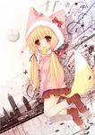  aburaage animal_hood blonde_hair blush cat_hood catbell food fox_tail highres hood mouth_hold original red_eyes skirt solo tail twintails 
