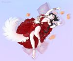 animal_ears animal_tail anthro black_hair bottomwear braided_hair braided_ponytail chinchilla chinchillid claws clothing digit_ring eyes_closed feet femboy flat_chested food fruit fur gem hair harem_boy harem_clothing harem_jewelry harem_outfit hi_res jewelry mammal navel paws pearl_(gem) pillow pink_eyes pinup plant ponytail pose red_clothing ring rodent rodent_ears rodent_tail silver_(metal) silver_jewelry skirt smile stretching toe_claws toe_ring toes white_body white_fur