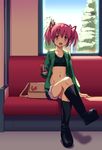  bag boots box cosplay crossed_legs cutoffs denim denim_shorts dyda food hair_ribbon handbag highres kaname_madoka mahou_shoujo_madoka_magica midriff pink_eyes pink_hair pocky ribbon sakura_kyouko sakura_kyouko_(cosplay) short_hair short_twintails shorts sitting solo sports_bra stomach train_interior twintails 