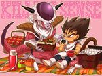  armor bangs basket black_eyes boots brown_hair child dragon_ball dragonball_z eating eyebrows food food_on_face frieza frown gloves male male_focus picnic sitting smile spiked_hair tail thick_eyebrows vegeta young younger 