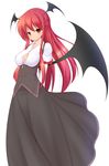  arm_belt arms_behind_back blush breasts cleavage covered_nipples head_wings highres hyonsan2 koakuma long_hair long_skirt medium_breasts red_eyes red_hair sidelocks simple_background skirt smile solo touhou white_background wings 