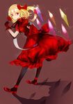  alternate_costume bad_id bad_pixiv_id bent_over blonde_hair bow dress flandre_scarlet flower full_body gloves hair_bow kol49 pantyhose red_dress red_eyes rose shoes side_ponytail simple_background solo touhou wings 