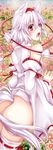  animal_ears bare_shoulders blush bottomless detached_sleeves fangs flower hat highres hoozuki_shia inubashiri_momiji looking_back open_mouth red_eyes short_hair solo tail tokin_hat touhou white_hair wolf_ears wolf_tail 