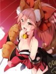  1girl aki_(akikaze_asparagus) animal_ear_fluff animal_ears bare_shoulders bell bell_collar blush breasts cat_paws cleavage collar collarbone detached_sleeves fate/grand_order fate_(series) fox_ears fox_tail gloves hair_ribbon japanese_clothes jingle_bell kimono large_breasts long_hair looking_at_viewer paw_gloves paws pink_hair ponytail red_kimono red_ribbon ribbon solo tail tamamo_(fate)_(all) tamamo_cat_(fate) yellow_eyes 
