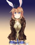  animal_ears bad_id bad_pixiv_id breasts bunny_ears charlotte_e_yeager cleavage coat cutoffs denim denim_shorts dress_shirt hands_in_pockets kuronyan long_hair looking_at_viewer medium_breasts night night_sky shirt short_shorts shorts sky smile solo standing star_(sky) starry_sky strike_witches tail world_witches_series 