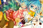  acorn aqua_eyes aqua_hair bespectacled book glasses hair_ribbon hatsune_miku highres long_hair looking_at_viewer nail_polish paintbrush pantyhose pencil ribbon smile solo togashi_(choco-bakama_kitchen) vocaloid 