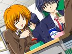  1girl doushin eating food game_cg glasses komiya_haruto orange_hair satonaka_kei shirt short_hair 