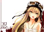  aviator_cap bad_id bad_pixiv_id bakemonogatari blonde_hair blood blood_splatter dress flight_goggles goggles goggles_on_head hat head_tilt highres long_hair miruto_netsuki monogatari_(series) oshino_shinobu solo strap_slip tongue tongue_out yellow_eyes 