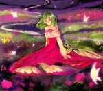  ascot bad_id bad_pixiv_id boots bug butterfly flower glowing glowing_eyes green_hair grin insect kazami_yuuka kol49 pantyhose petals plaid plaid_skirt red_eyes river sitting skirt smile solo touhou umbrella 