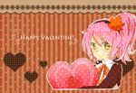  1girl alfa_system brown_background coat english green_eyes hairband heart kanonno_grassvalley long_hair pink_hair ribbon tales_of_(series) tales_of_the_world_radiant_mythology_3 valentine 