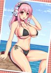  :d arm_support bikini black_bikini blush breasts covered_nipples day headphones highres kawase_seiki large_breasts long_hair nitroplus ocean open_mouth photo_(object) pink_eyes pink_hair rock shiny shiny_skin side-tie_bikini sitting skindentation sky smile solo strap_gap super_sonico swimsuit water 