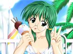  1girl doushin food game_cg glasses green_hair ice_cream komiya_haruto suruga_miho v 