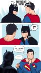  !? 2boys batman batman_(series) black_cape black_hair blue_bodysuit bodysuit bruce_wayne cape clark_kent closed_mouth dc_comics english_text highres looking_at_another male_focus mask mforest_dc multiple_boys my_adventures_with_superman one_eye_closed red_cape short_hair superman superman_(series) translation_request 