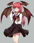  adjusting_eyewear bad_id bad_pixiv_id bat_wings bespectacled book dress glasses grey_background head_wings highres hizagawa_rau koakuma long_hair long_sleeves necktie red_hair red_neckwear semi-rimless_eyewear simple_background solo touhou under-rim_eyewear wings 