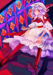  ascot bad_id bad_pixiv_id cape dress hat highres kol49 pantyhose purple_hair red_eyes remilia_scarlet shoes smile solo touhou 
