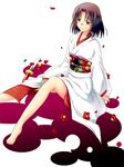  black_hair brown_eyes full_body japanese_clothes kara_no_kyoukai kimono knife obi rokuka ryougi_shiki sash short_hair smile solo weapon white_kimono 