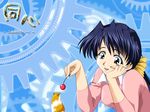  1girl blue_hair cherry doushin food fruit hair_ribbon hamster long_hair pet ribbon suruga_ryoko 