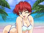  1girl bikini doushin komiya_haruto looking_at_viewer red_eyes red_hair short_hair smile solo suruga_maki swimsuit wink 
