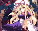  blonde_hair blue_hair bow breasts dress gap gundam gym_ghingnham hair_bow hat hat_ribbon inagata long_hair medium_breasts parody ribbon touhou turn_a_gundam umbrella yakumo_yukari yellow_eyes 