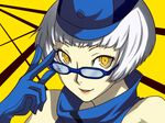  adjusting_eyewear bespectacled blue-framed_eyewear bob_cut elizabeth_(persona) face glasses gloves hat kamui_sathi looking_at_viewer persona persona_3 persona_4:_the_ultimate_in_mayonaka_arena short_hair smile solo yellow_eyes 