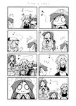  4koma 6+girls :3 :d apron bad_id bad_pixiv_id bat_wings braid chibi closed_eyes comic crescent fang flying_sweatdrops greyscale hat head_wings hong_meiling izayoi_sakuya jitome koakuma maid maid_headdress monochrome multiple_girls music musical_note no_mouth o_o open_mouth patchouli_knowledge remilia_scarlet silent_comic singing smile star sweat touhou twin_braids ushi v-shaped_eyebrows waist_apron wings 