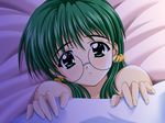  1girl bed_sheet bra doushin game_cg glasses green_hair komiya_haruto suruga_miho underwear 